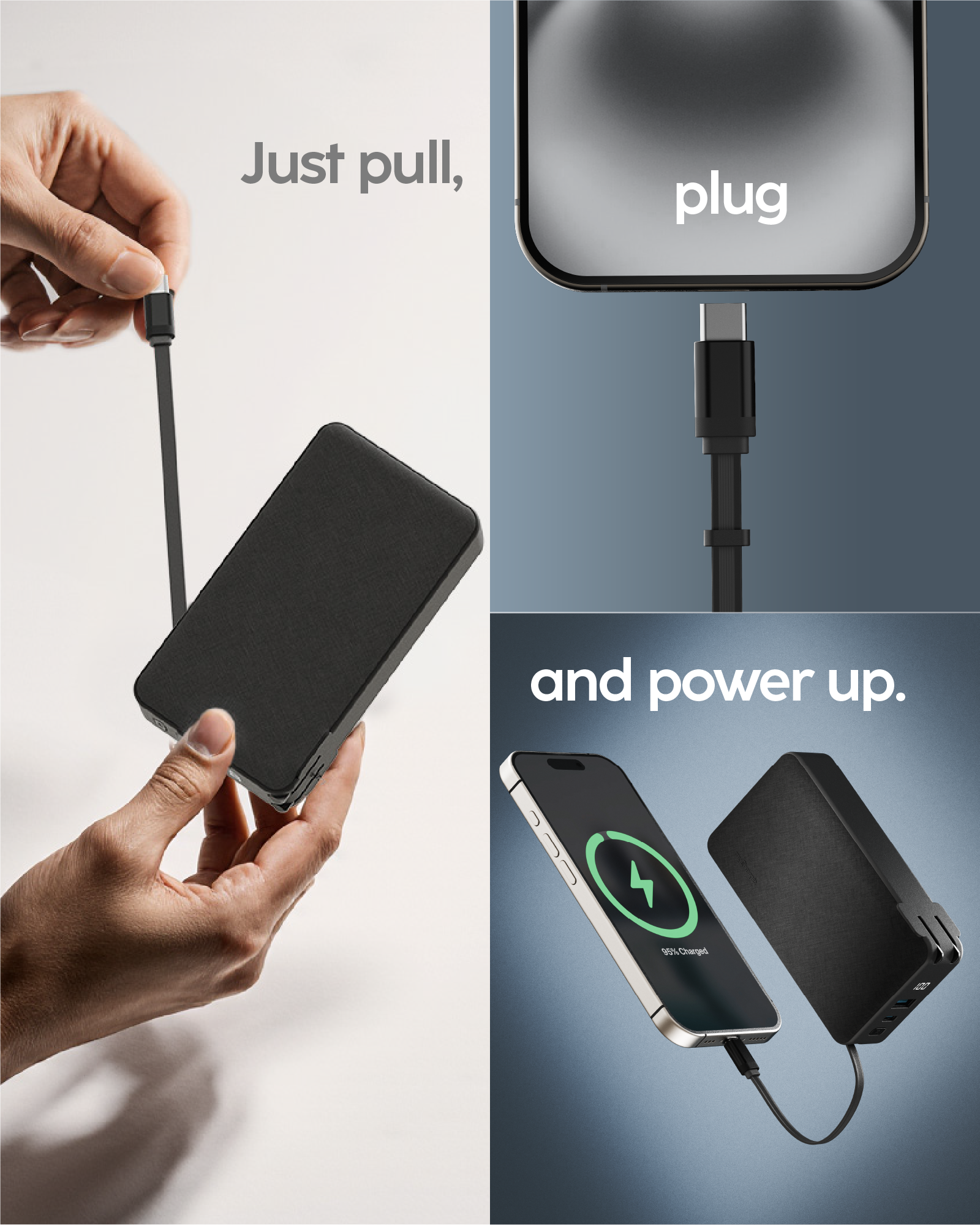 RetractaCharger - Portable Charger with 24" Retractable USB-C Cable (+60Hours of Battery)
