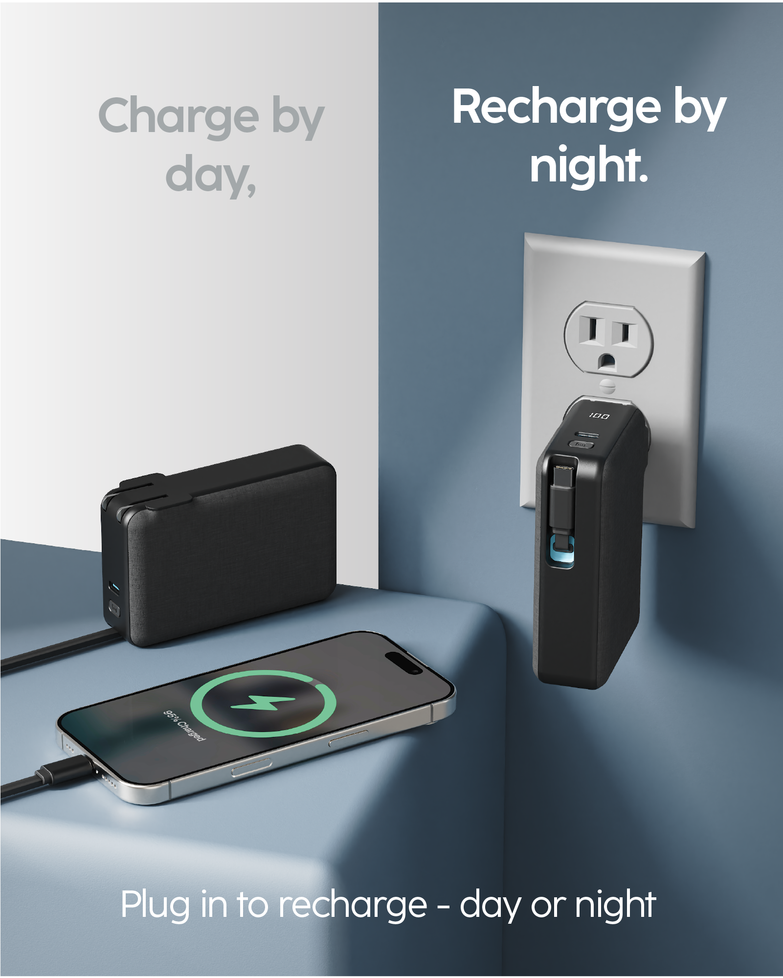 RetractaCharger - Portable Charger with 24" Retractable USB-C Cable (+60Hours of Battery)