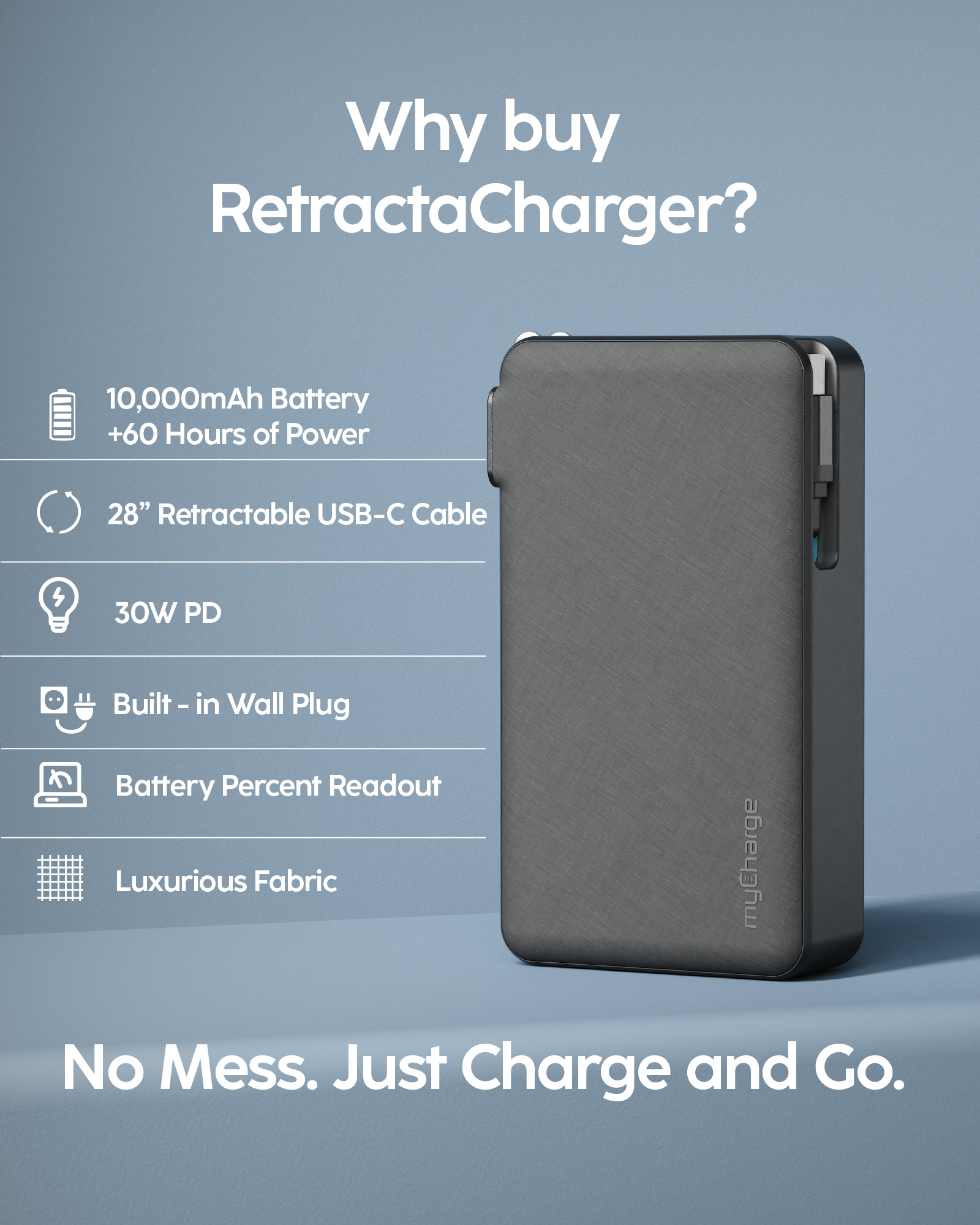 RetractaCharger - Portable Charger with 24" Retractable USB-C Cable (+60Hours of Battery)
