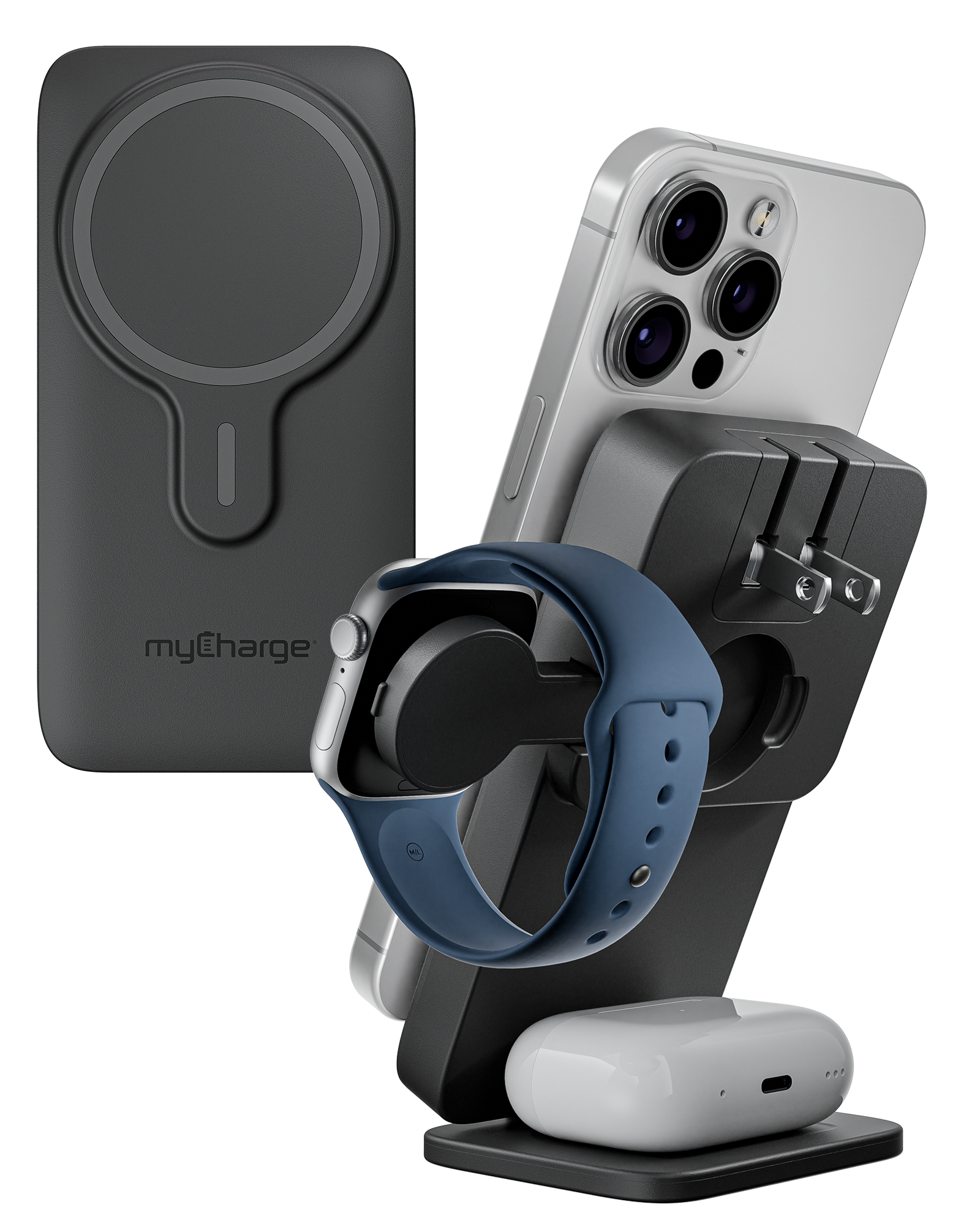 myCharge EcoHub 3-in-1 Apple Charging Station | MagSafe | Wireless Charger for iPhone, Watch & AirPods | Foldable with Built-In Wall Plug - White