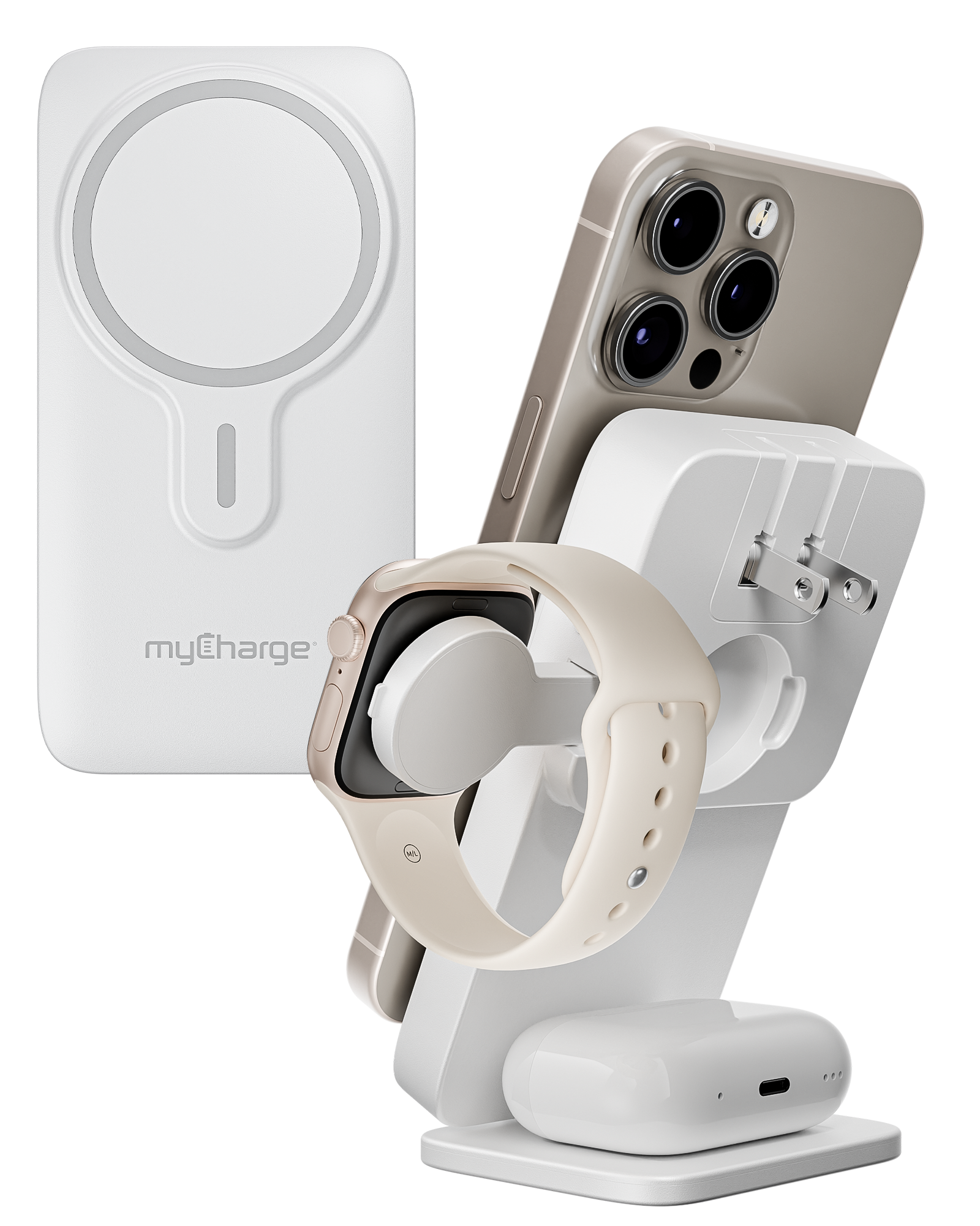 myCharge EcoHub – 3 in 1 Apple Charging Station & Magsafe Battery Pack | Wireless Charger for iPhone, iWatch, AirPods | Magnetic Portable Charger with Wall Plug | Travel-Ready & Foldable - White