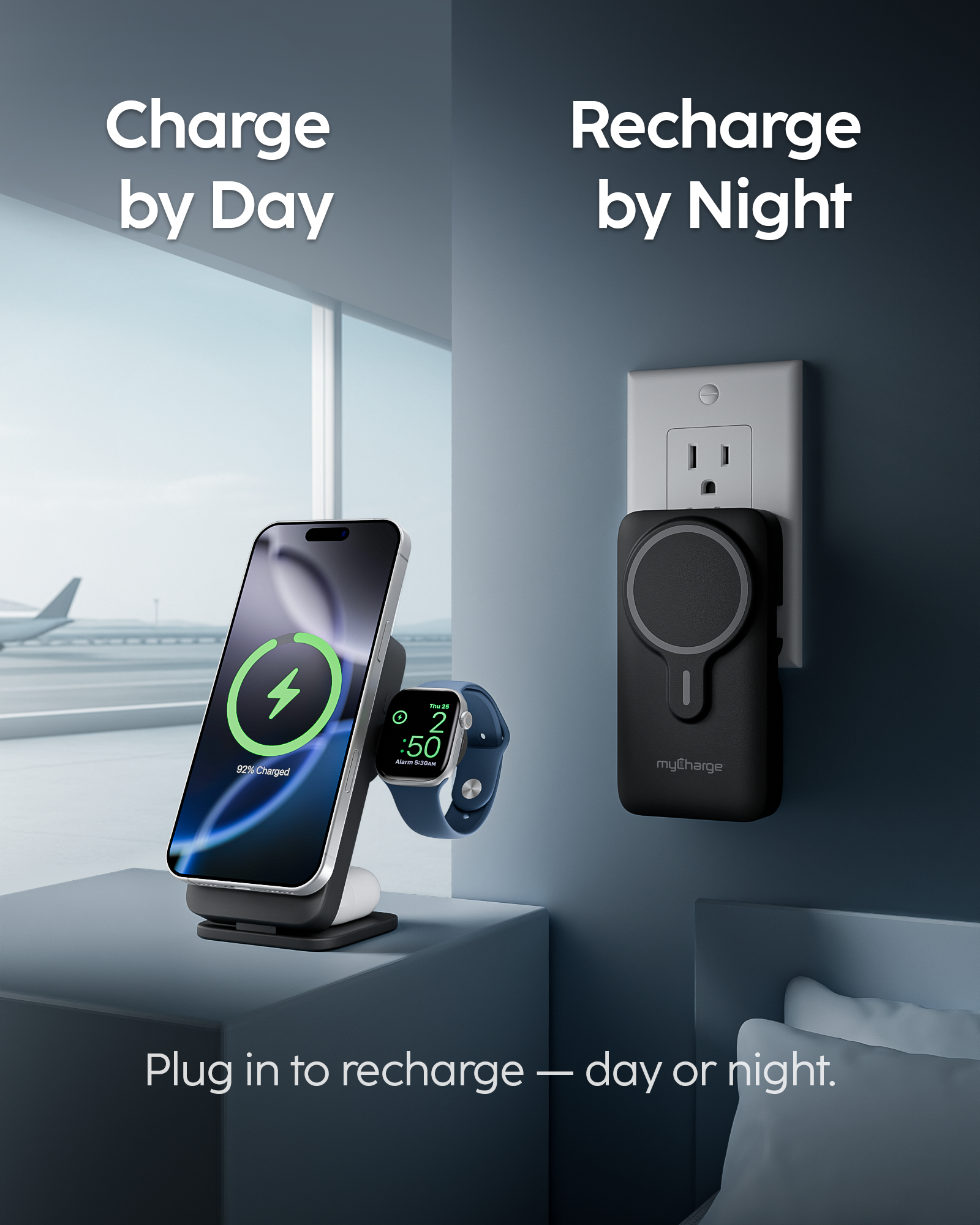 myCharge EcoHub – 3 in 1 Apple Charging Station & Magsafe Battery Pack | Wireless Charger for iPhone, iWatch, AirPods | Magnetic Portable Charger with Wall Plug | Travel-Ready & Foldable