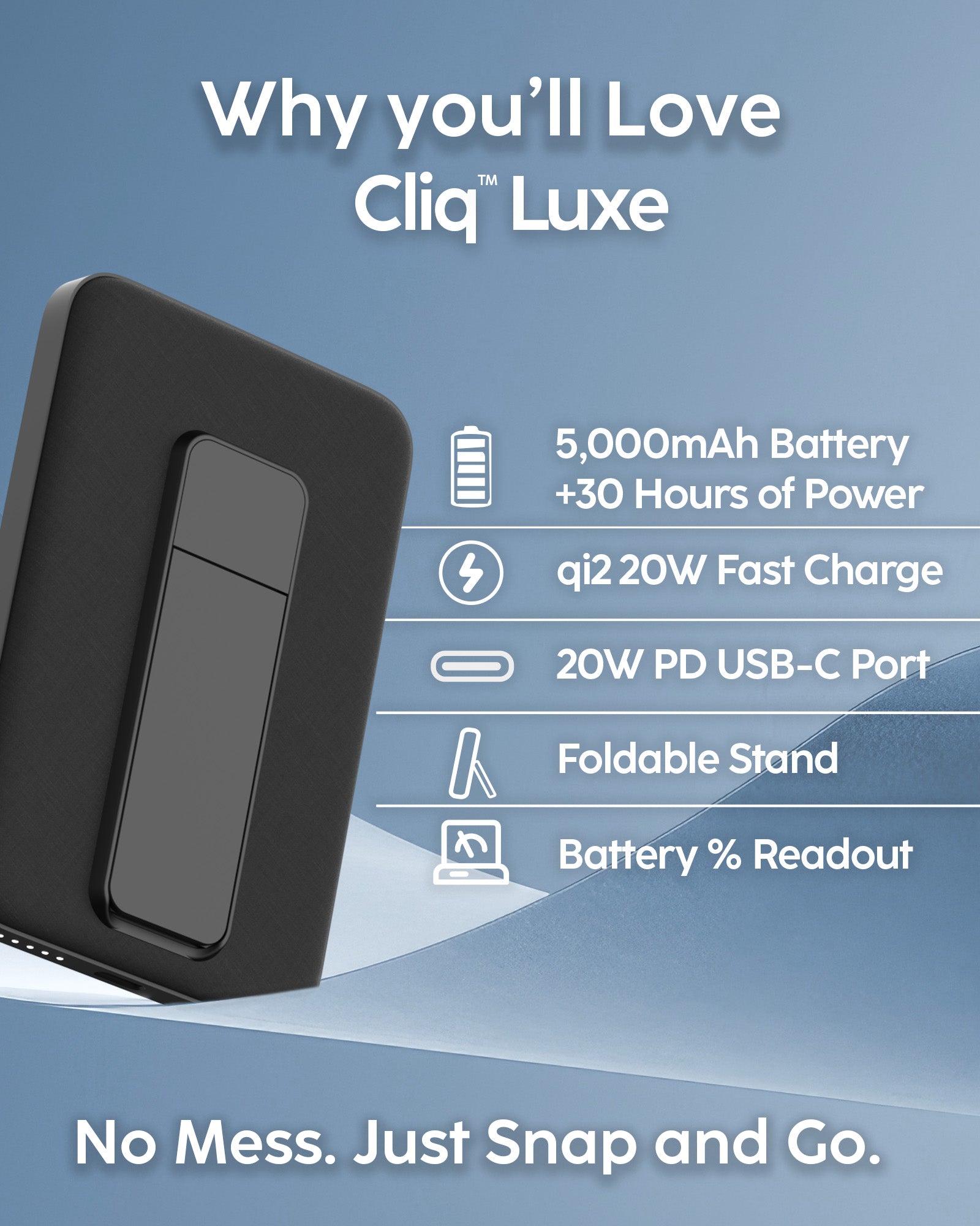CliqLuxe 5K – Wireless – No Wall Plug - With Stand – Black