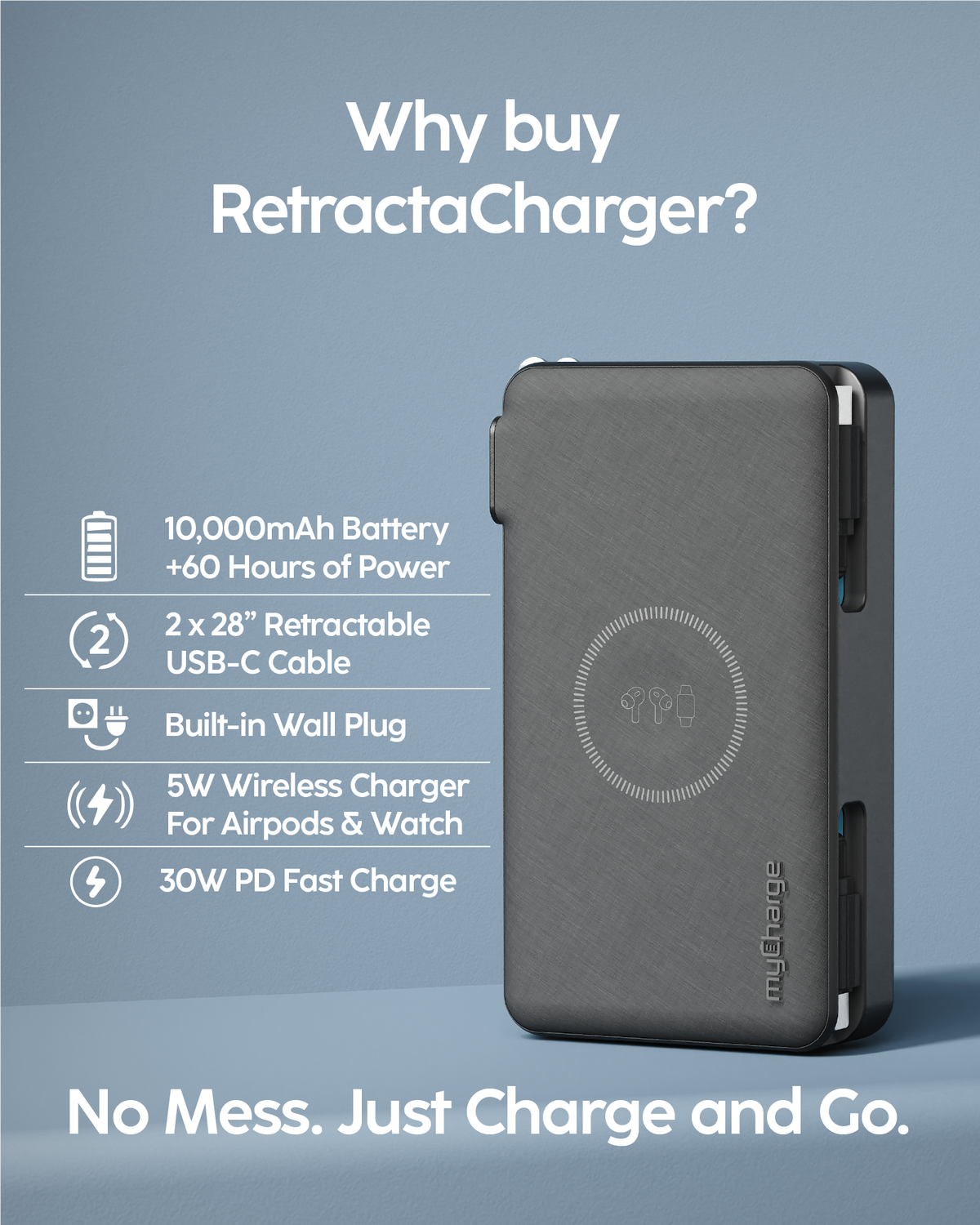 RetractaCharger 10K – 2 USB-C Cables – Qi Wireless - With Wall Plug